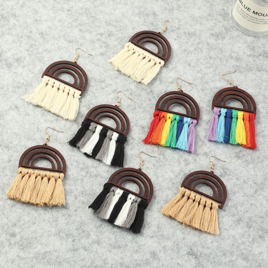 Handmade Tassel Rainbow Earrings with Wood&Cotton